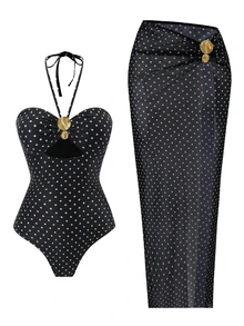 SHEIN Swim Spring/Summer Women's One-Piece Swimsuit With Mesh Long Skirt, Black And White Polka Dot Print Design, Bandeau Sexy Bohemian Style For Beach Vacation - Black - View 4