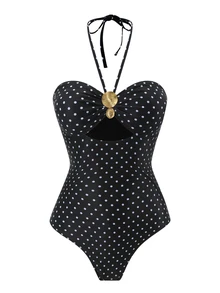 SHEIN Swim Spring/Summer Women's One-Piece Swimsuit With Mesh Long Skirt, Black And White Polka Dot Print Design, Bandeau Sexy Bohemian Style For Beach Vacation - Black - View 5