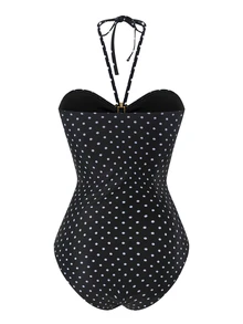 SHEIN Swim Spring/Summer Women's One-Piece Swimsuit With Mesh Long Skirt, Black And White Polka Dot Print Design, Bandeau Sexy Bohemian Style For Beach Vacation - Black - View 6