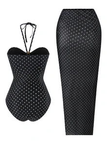 SHEIN Swim Spring/Summer Women's One-Piece Swimsuit With Mesh Long Skirt, Black And White Polka Dot Print Design, Bandeau Sexy Bohemian Style For Beach Vacation - Black - View 2