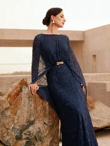 ZEYLAH Minimalist Elegant Sequin Long Robe Dress With Cinched Waist And Ruched Details, Spring/Summer - Navy Blue - View 7