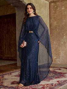 ZEYLAH Minimalist Elegant Sequin Long Robe Dress With Cinched Waist And Ruched Details, Spring/Summer - Navy Blue - View 9