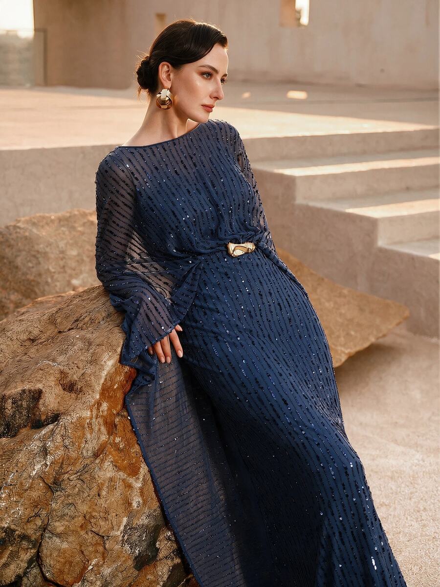 ZEYLAH Minimalist Elegant Sequin Long Robe Dress With Cinched Waist And Ruched Details, Spring/Summer - Navy Blue - View 1