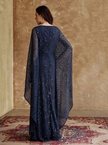ZEYLAH Minimalist Elegant Sequin Long Robe Dress With Cinched Waist And Ruched Details, Spring/Summer - Navy Blue - View 4