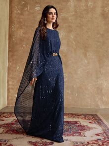 ZEYLAH Minimalist Elegant Sequin Long Robe Dress With Cinched Waist And Ruched Details, Spring/Summer - Navy Blue - View 6