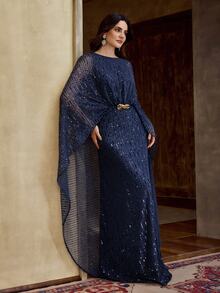 ZEYLAH Minimalist Elegant Sequin Long Robe Dress With Cinched Waist And Ruched Details, Spring/Summer - Navy Blue - View 3