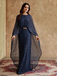 ZEYLAH Minimalist Elegant Sequin Long Robe Dress With Cinched Waist And Ruched Details, Spring/Summer - Navy Blue - View 5