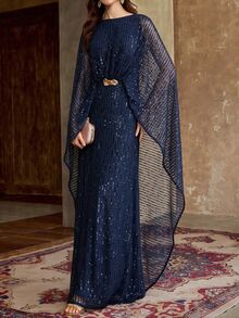 ZEYLAH Minimalist Elegant Sequin Long Robe Dress With Cinched Waist And Ruched Details, Spring/Summer - Navy Blue - View 8