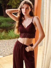 MOTF PREMIUM Vår/sommar pyjamasset för kvinnor med spetsbralette och raka byxor - Bourgogne - Visa 5
