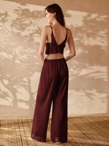 MOTF PREMIUM Vår/sommar pyjamasset för kvinnor med spetsbralette och raka byxor - Bourgogne - Visa 3