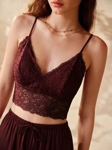 MOTF PREMIUM Vår/sommar pyjamasset för kvinnor med spetsbralette och raka byxor - Bourgogne - Visa 2