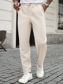 Manfinity CasualCool 男士休閒亞麻混紡長褲 米色夏季抽繩透氣度假長褲 春季復古古幣風格 - 杏色 - 查看 5