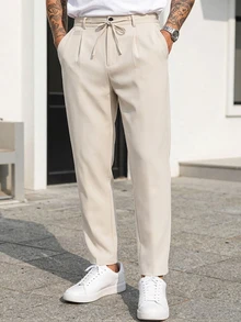 Manfinity CasualCool 男士休閒亞麻混紡長褲 米色夏季抽繩透氣度假長褲 春季復古古幣風格 - 杏色 - 查看 1