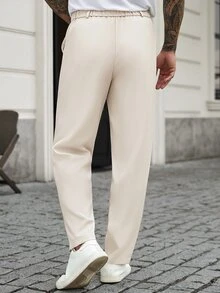 Manfinity CasualCool 男士休閒亞麻混紡長褲 米色夏季抽繩透氣度假長褲 春季復古古幣風格 - 杏色 - 查看 2