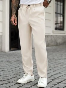 Manfinity CasualCool 男士休閒亞麻混紡長褲 米色夏季抽繩透氣度假長褲 春季復古古幣風格 - 杏色 - 查看 7
