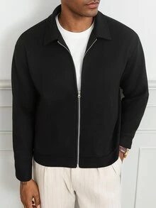HUEFORM Men's Black Lapel Zip-Up Wool Short Jacket, Simple Clean Style Versatile Outerwear - Black - View 5