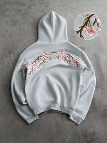 PAVTROS Men's Floral Embroidered Long Sleeve Casual Hoodie - Grey - View 3