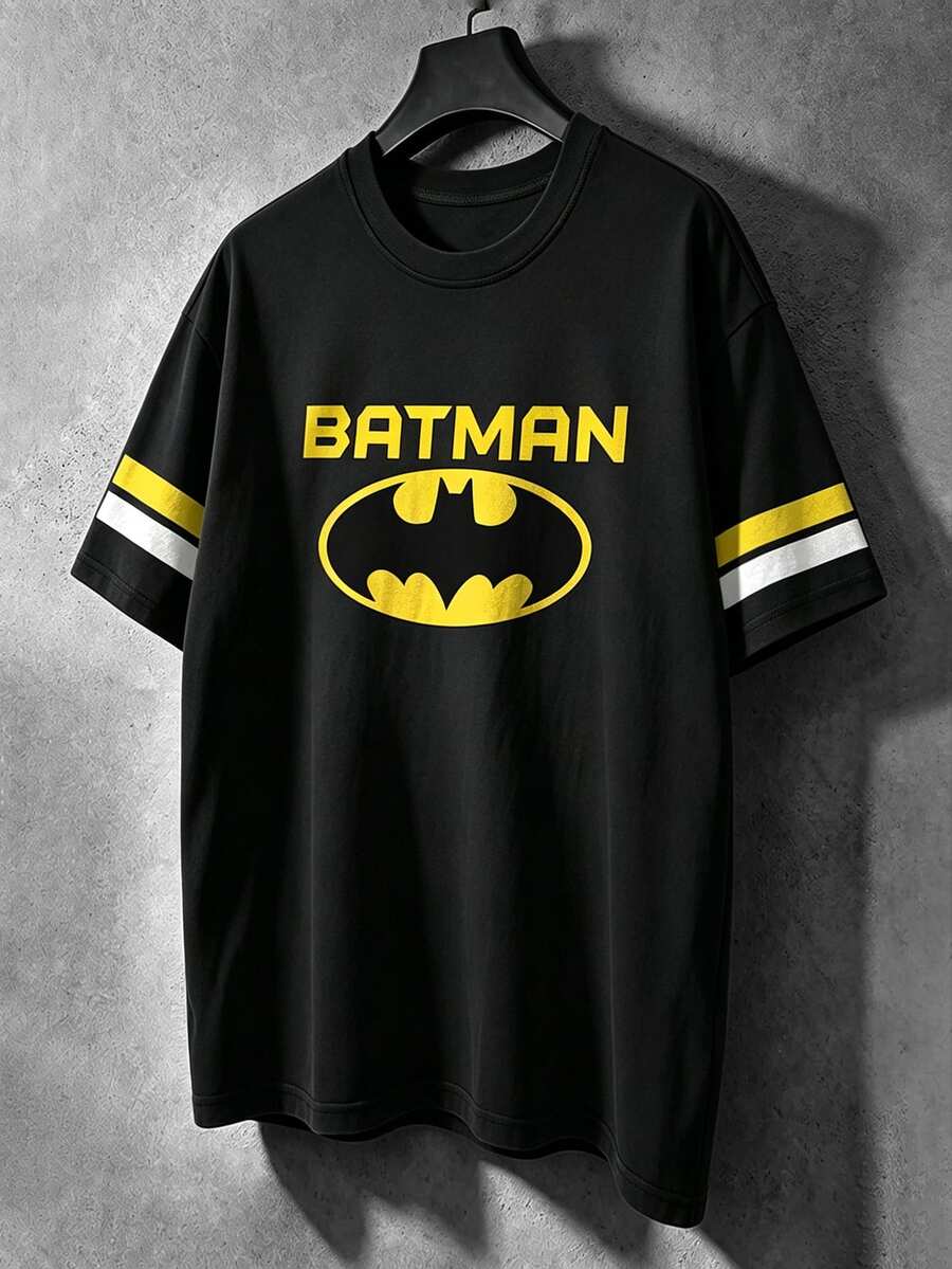 BATMAN X SHEIN Manfinity EMRG 男士字母條紋印花圓領短袖休閒T恤 - 黑色 - 查看 1