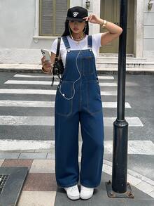 Rivivi Plus Size Women's Casual Fashion Utility Multi-Pocket Denim Overalls - Dark Wash - View 1