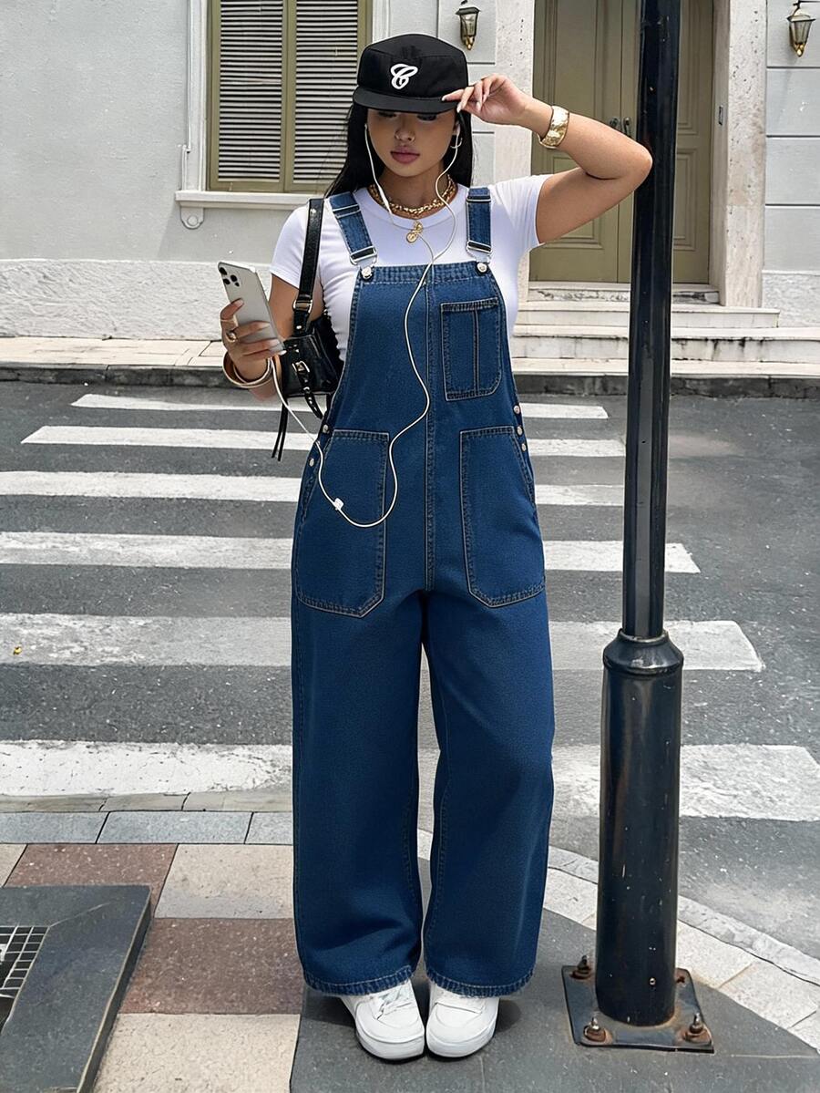 Rivivi Plus Size Women's Casual Fashion Utility Multi-Pocket Denim Overalls - Dark Wash - View 1