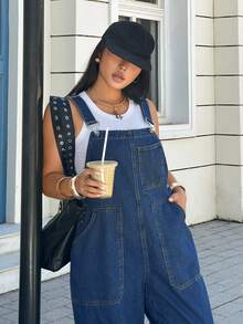 Rivivi Plus Size Women's Casual Fashion Utility Multi-Pocket Denim Overalls - Dark Wash - View 5