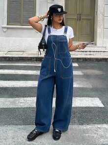 Rivivi Plus Size Women's Casual Fashion Utility Multi-Pocket Denim Overalls - Dark Wash - View 4