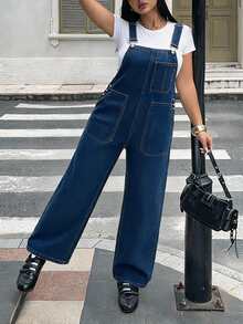 Rivivi Plus Size Women's Casual Fashion Utility Multi-Pocket Denim Overalls - Dark Wash - View 8
