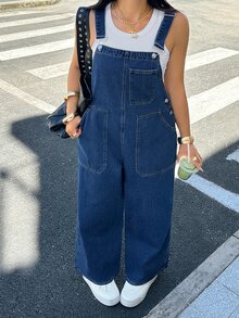 Rivivi Plus Size Women's Casual Fashion Utility Multi-Pocket Denim Overalls - Dark Wash - View 3