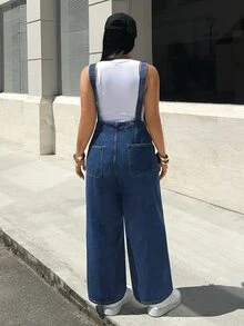 Rivivi Plus Size Women's Casual Fashion Utility Multi-Pocket Denim Overalls - Dark Wash - View 2