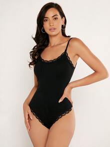 SHEIN BASICS 女款蕾絲拼接修身百搭性感日常穿著夜店內搭背心 黑色 夏季 - 黑色 - 查看 6