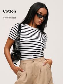 SHEIN BASICS 女款夏季休閒圓領條紋印花上衣，黑白條紋 - 黑與白 - 查看 8