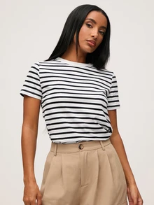 SHEIN BASICS 女款夏季休閒圓領條紋印花上衣，黑白條紋 - 黑與白 - 查看 4