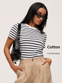 SHEIN BASICS 女款夏季休閒圓領條紋印花上衣，黑白條紋 - 黑與白 - 查看 7