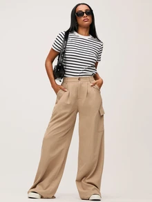 SHEIN BASICS 女款夏季休閒圓領條紋印花上衣，黑白條紋 - 黑與白 - 查看 6