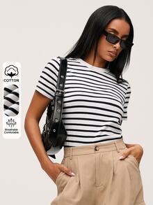 SHEIN BASICS 女款夏季休閒圓領條紋印花上衣，黑白條紋 - 黑與白 - 查看 9