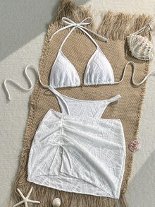 Swim SXY 女款夏季海灘純色掛脖綁帶性感比基尼三角褲兩件式泳衣套裝附迷你裙 - 白色 - 查看 2
