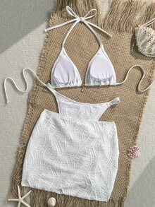Swim SXY 女款夏季海灘純色掛脖綁帶性感比基尼三角褲兩件式泳衣套裝附迷你裙 - 白色 - 查看 4