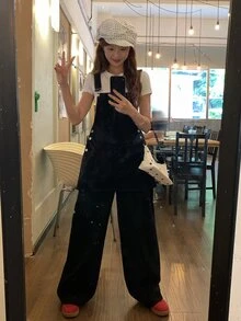 DAZY 女款寬鬆寬腿休閒牛仔吊帶褲，附口袋，適合校園秋季穿搭 - 黑色 - 查看 5