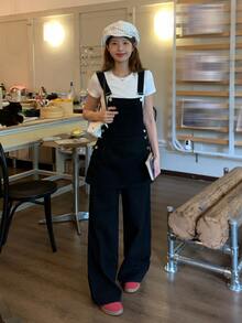 DAZY 女款寬鬆寬腿休閒牛仔吊帶褲，附口袋，適合校園秋季穿搭 - 黑色 - 查看 4