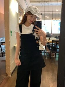 DAZY 女款寬鬆寬腿休閒牛仔吊帶褲，附口袋，適合校園秋季穿搭 - 黑色 - 查看 9