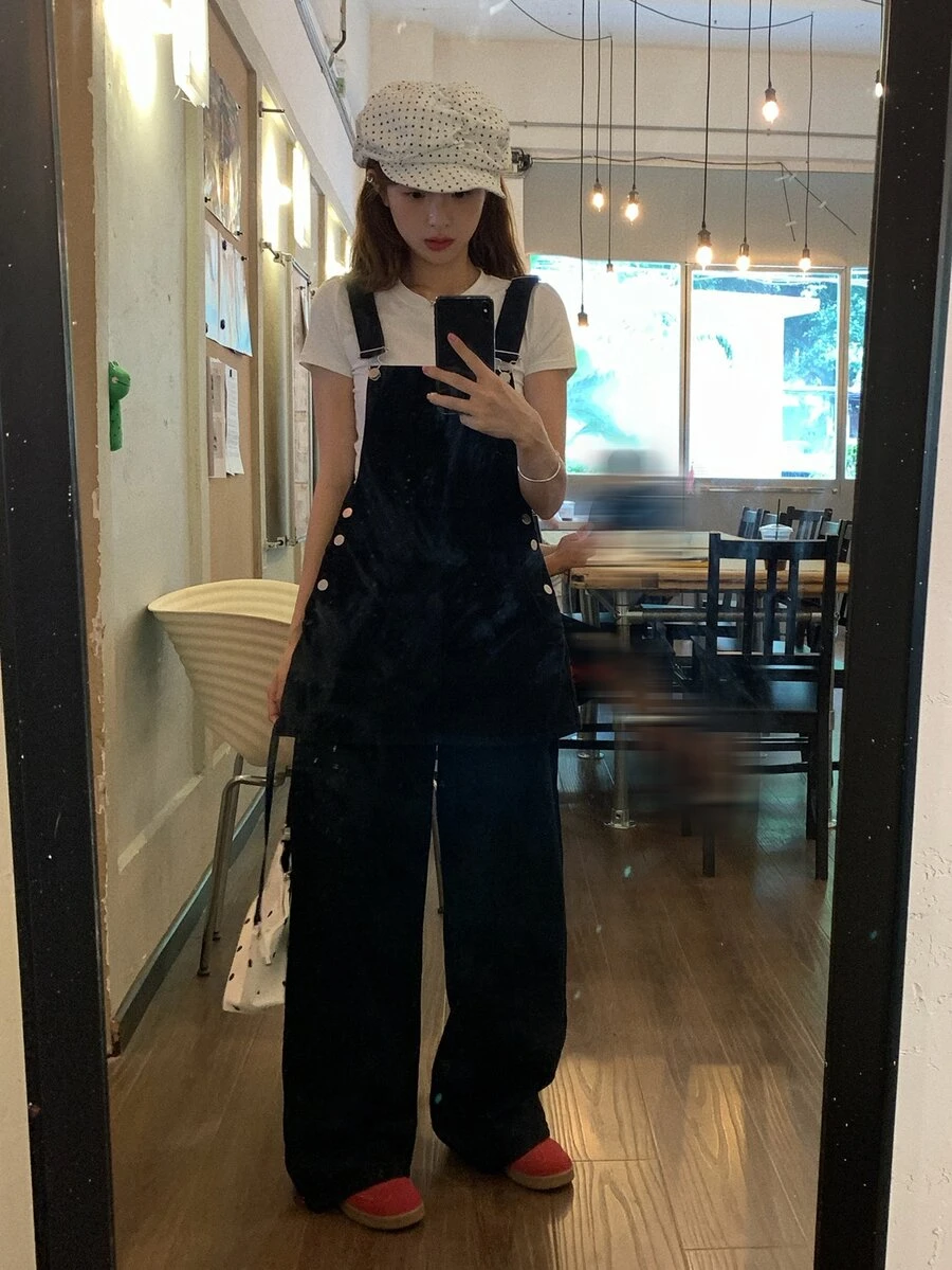 DAZY 女款寬鬆寬腿休閒牛仔吊帶褲,附口袋,適合校園秋季穿搭 - 黑色 - 查看 1