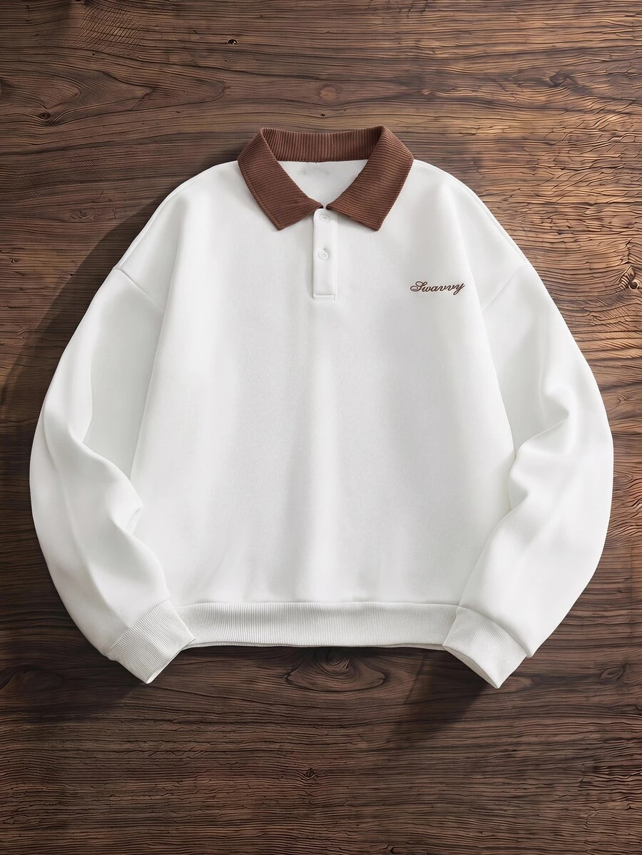 SWAVVY Men's Spring/Autumn Casual Standard Size Black Pullover Sweatshirt With Embroidered Collar - White - View 1