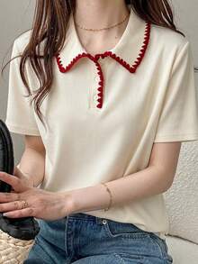 DAZY 新款女士休闲系列装饰T恤，适合约会，夏季可爱上衣 - 杏色 - 查看 1