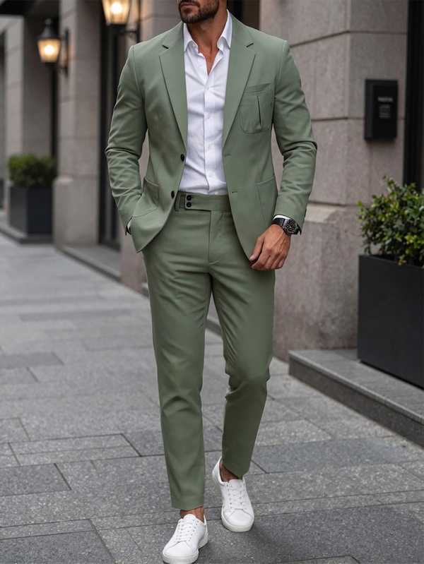 Manfinity Mode Setelan Jas Pria Kasual Bisnis 2 Potong, Setelan Jas Warna Polos Blazer dan Celana, Busana Kasual Modis Sederhana