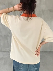 FRIFUL 女士黑白条纹宽松Polo领短袖T恤，休闲夏季服装 - 杏色 - 查看 2