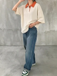 FRIFUL 女士黑白条纹宽松Polo领短袖T恤，休闲夏季服装 - 杏色 - 查看 3