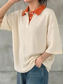 FRIFUL 女士黑白条纹宽松Polo领短袖T恤，休闲夏季服装 - 杏色 - 查看 5