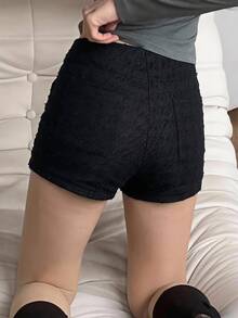 DAZY 女款純色彈性高腰緊身短版灰色夏季短褲 - 黑色 - 查看 5