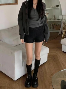 DAZY 女款純色彈性高腰緊身短版灰色夏季短褲 - 黑色 - 查看 4