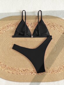 Swim Basics Solid Color Sexy Bikini Swimsuit For Beach Vacation - Black - View 3